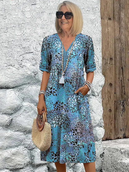 Women's Printed V-Neck Midi Dress Short Sleeve
