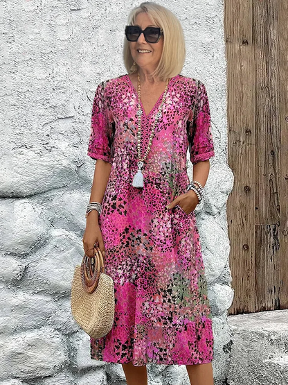 Women's Printed V-Neck Midi Dress Short Sleeve