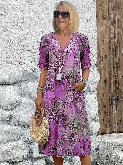 Women's Printed V-Neck Midi Dress Short Sleeve
