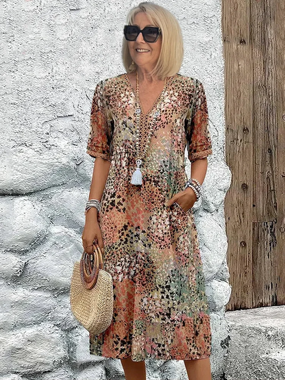Women's Printed V-Neck Midi Dress Short Sleeve