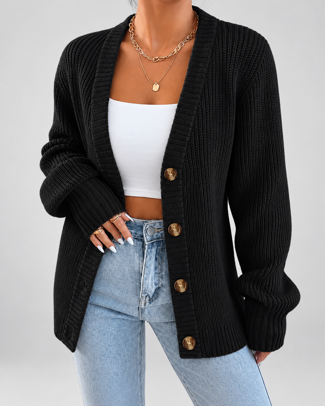 Women's Cardigan – Chunky Ribbed Knit, V-Neck Button-Front