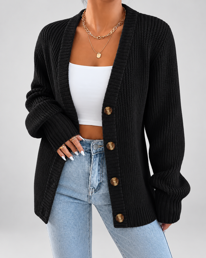 Women's Cardigan – Chunky Ribbed Knit, V-Neck Button-Front