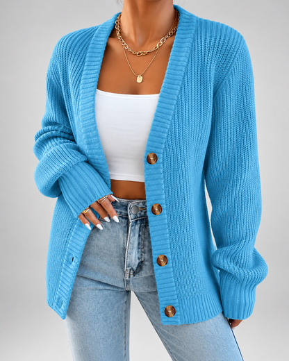 Women's Cardigan – Chunky Ribbed Knit, V-Neck Button-Front