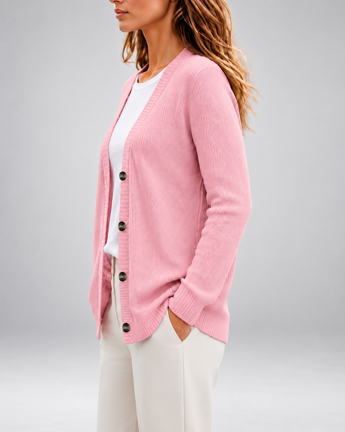 Women's Cardigan – Chunky Ribbed Knit, V-Neck Button-Front