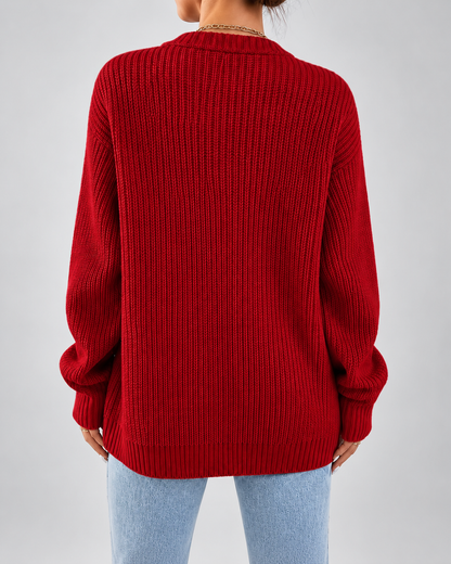 Women's Cardigan – Chunky Ribbed Knit, V-Neck Button-Front