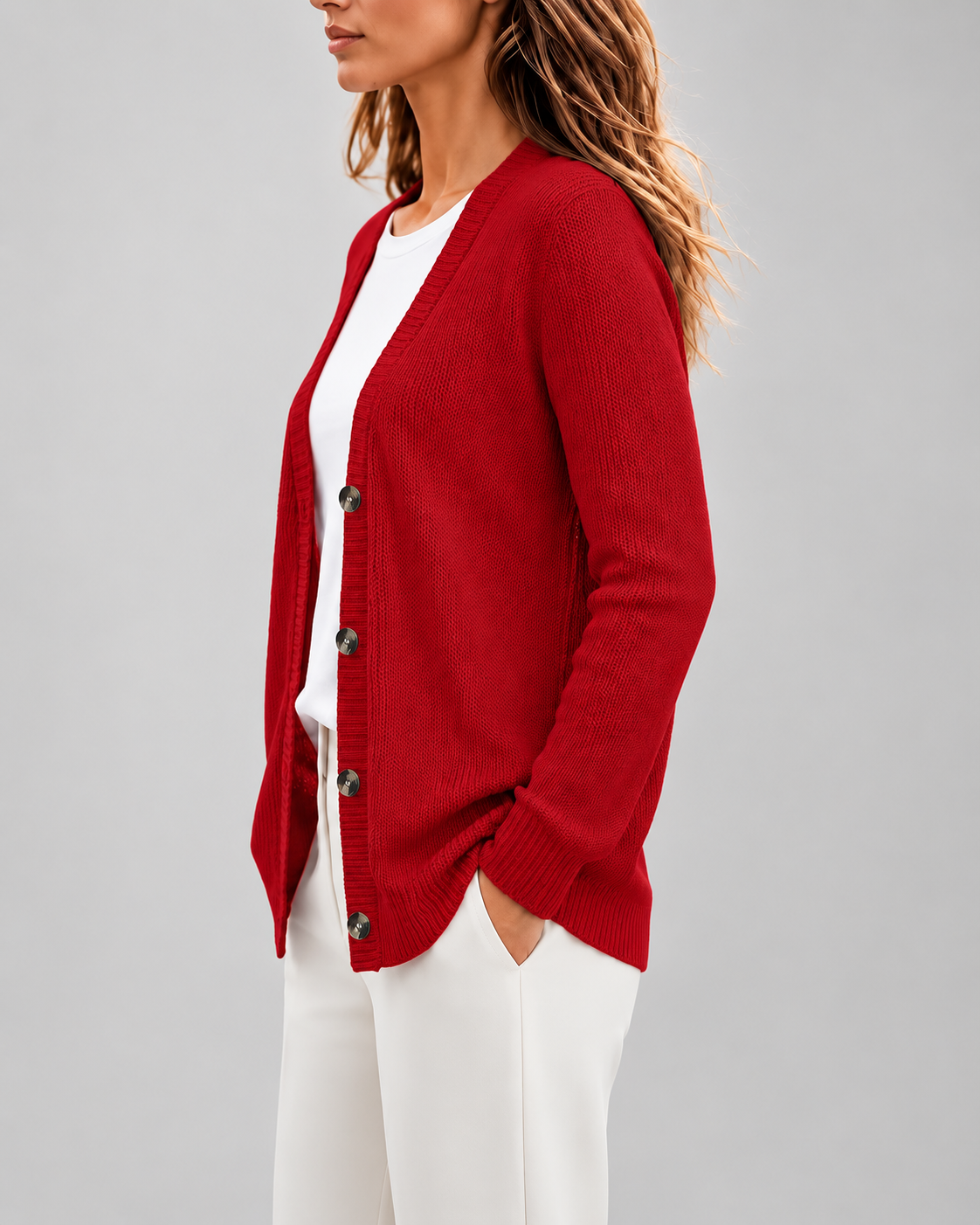 Women's Cardigan – Chunky Ribbed Knit, V-Neck Button-Front