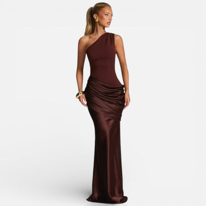 Women's Satin Mermaid Long Wedding Dress with One Shoulder 1