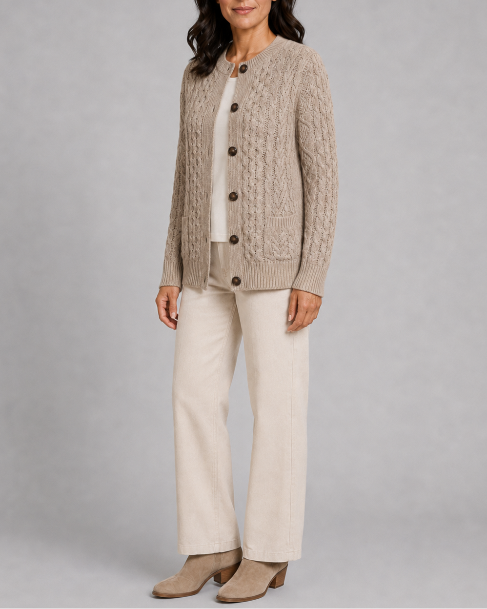 Women's Cable Knit Cardigan – Button-Front, Front Pockets