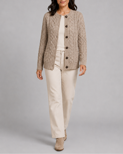 Women's Cable Knit Cardigan – Button-Front, Front Pockets
