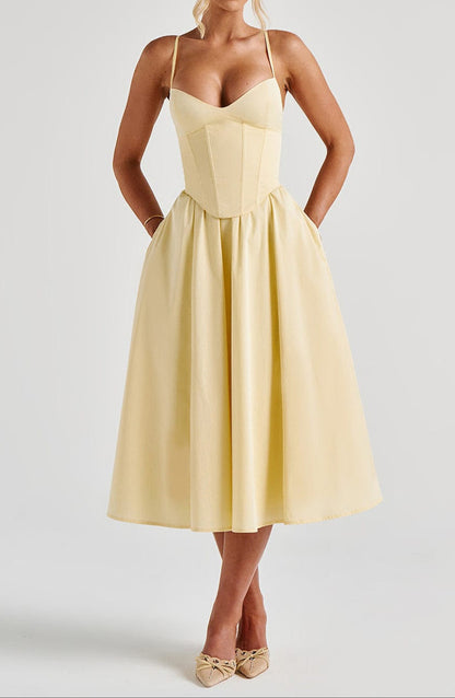 Women's Yellow A-Line Midi Dress - Structured Corset Bodice with Sweetheart Neckline and Side Pockets 0
