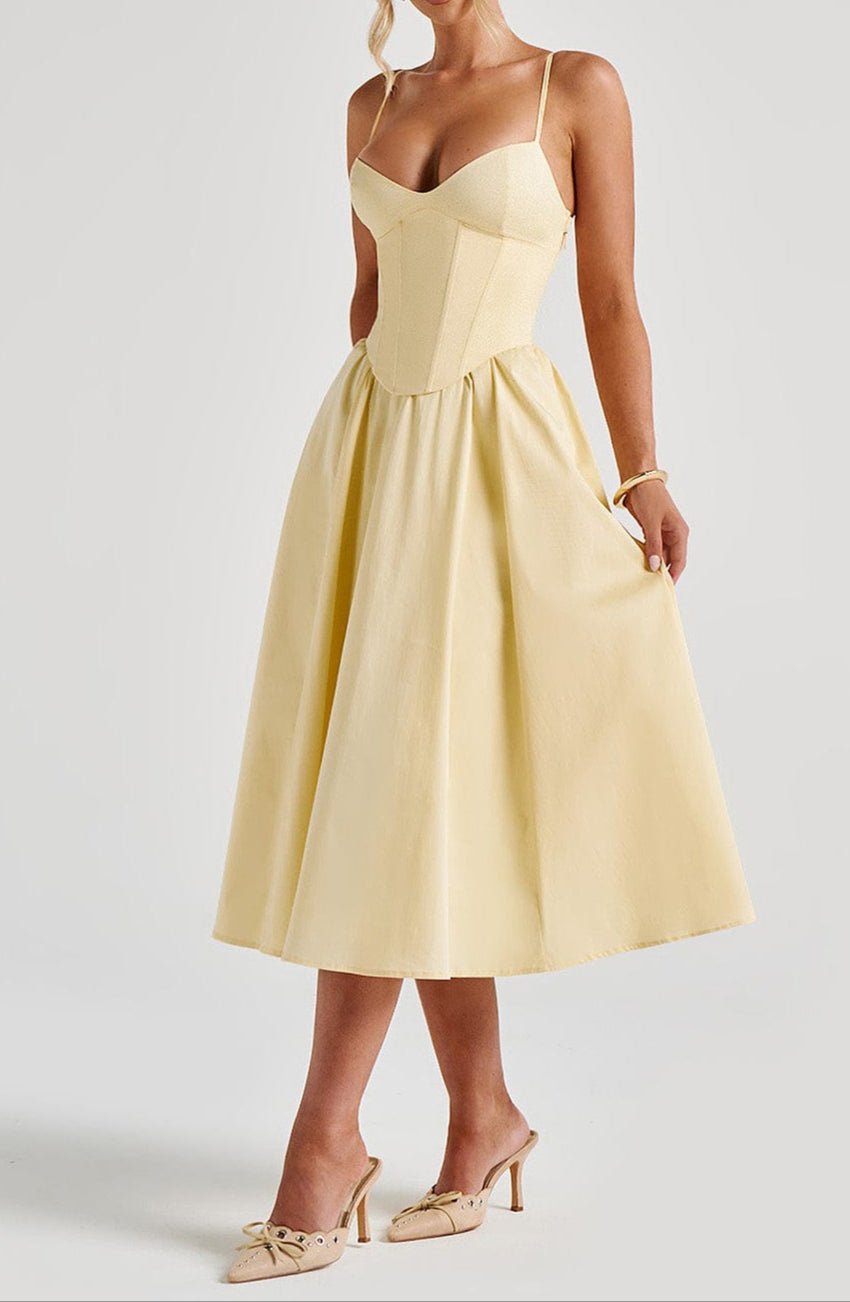 Women's Yellow A-Line Midi Dress - Structured Corset Bodice with Sweetheart Neckline and Side Pockets 6