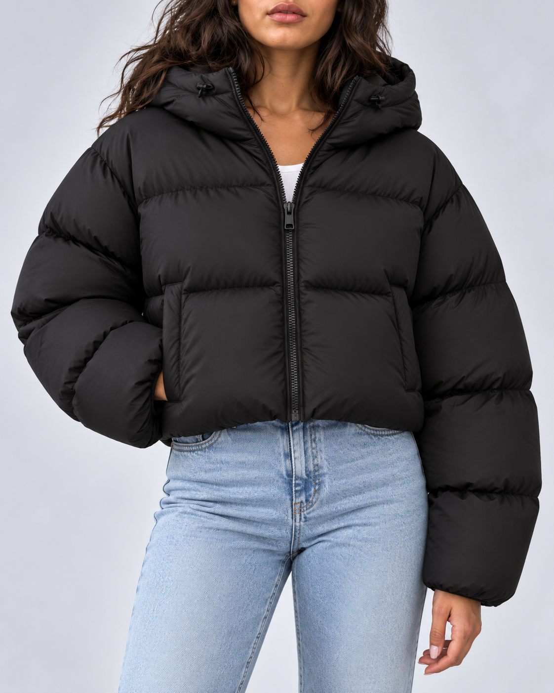 Women's Puffer Jacket – Cropped Hooded Zip-Up