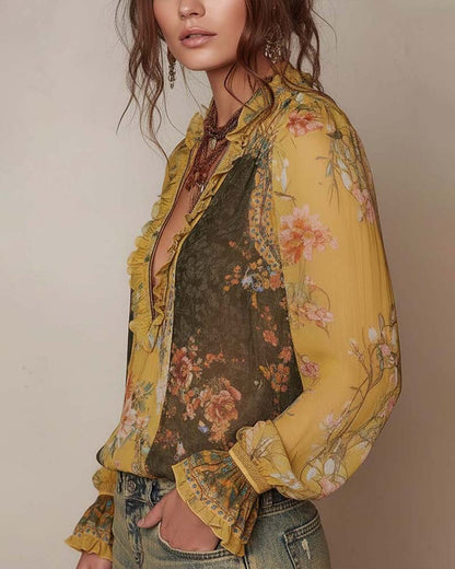 Women's V-Neck Blouse – Floral Ruffle, Front Zipper