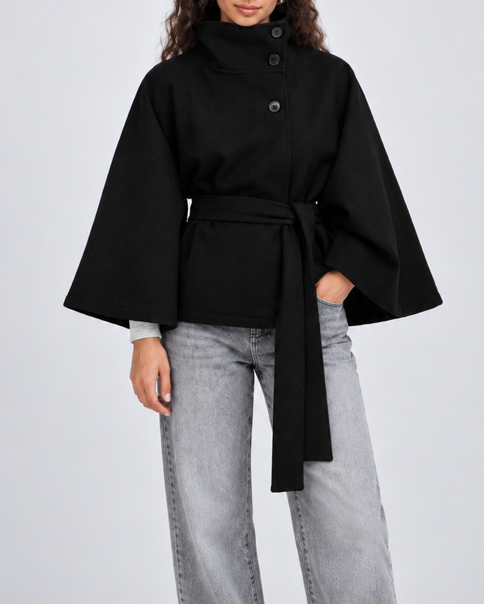 Women's Wool Cape Coat – Belted, Funnel Neck