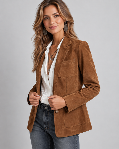 Women's Faux Suede Blazer – Notch Lapel, Button Front