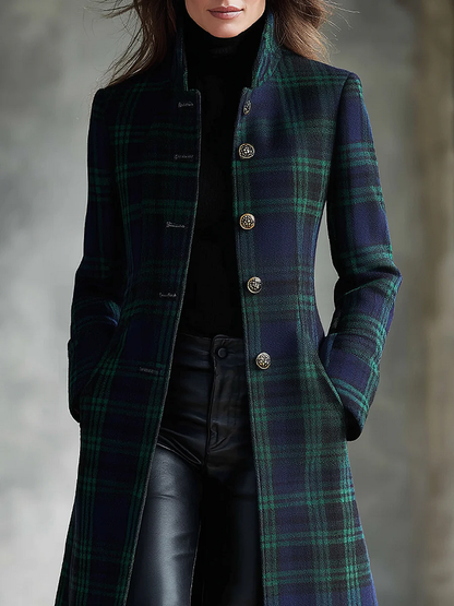 Women's Midi Coat – Plaid, High Collar, Wool Blend