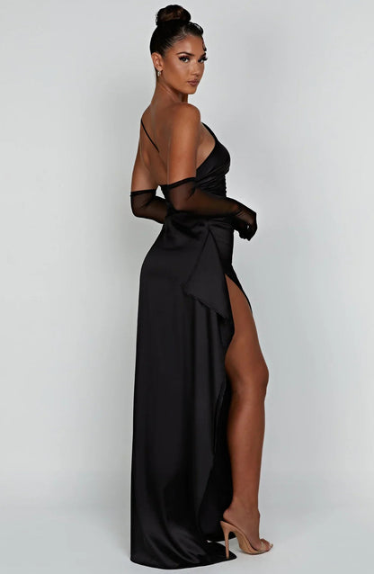 Women's Pleated One-Shoulder Satin Maxi Dress with High Slit