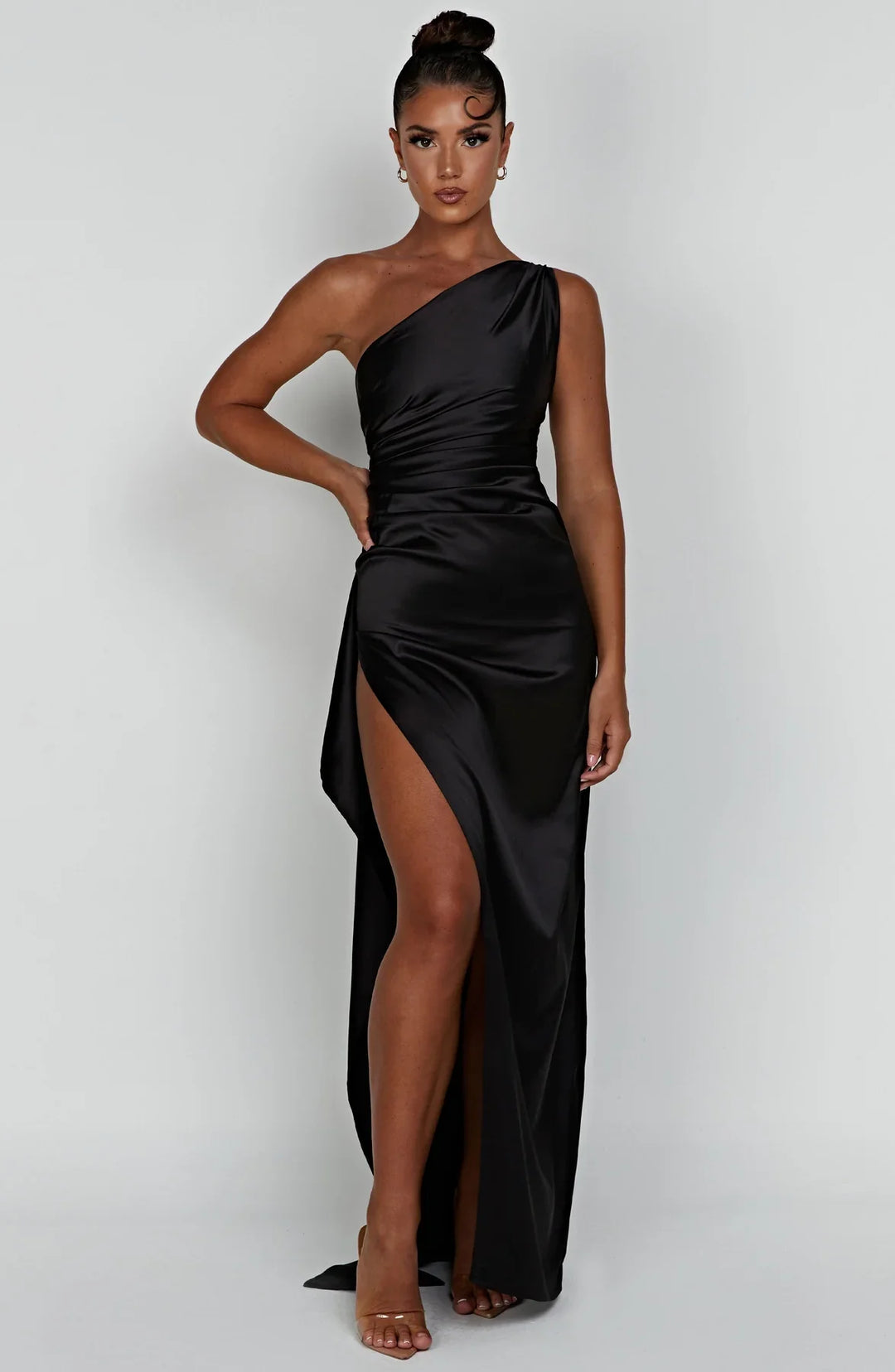 Women's Pleated One-Shoulder Satin Maxi Dress with High Slit