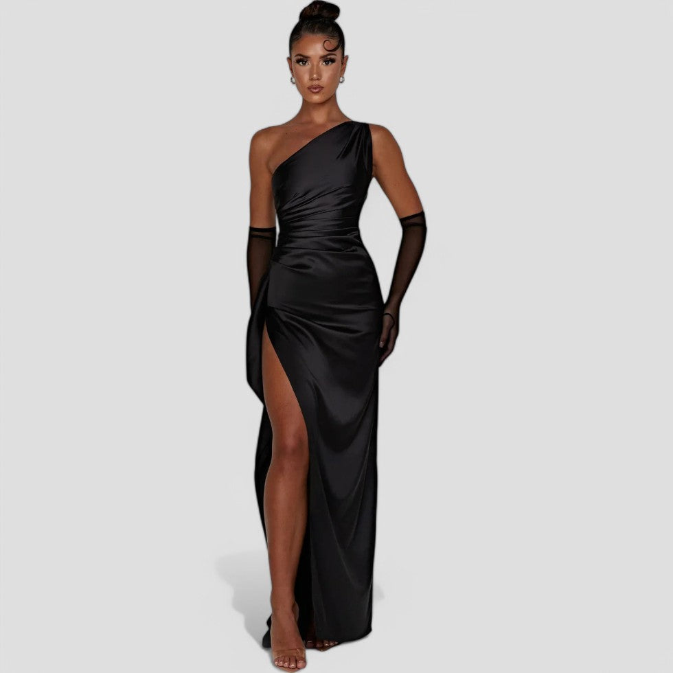 Women's Pleated One-Shoulder Satin Maxi Dress with High Slit