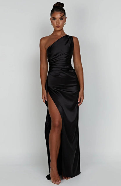 Women's Pleated One-Shoulder Satin Maxi Dress with High Slit