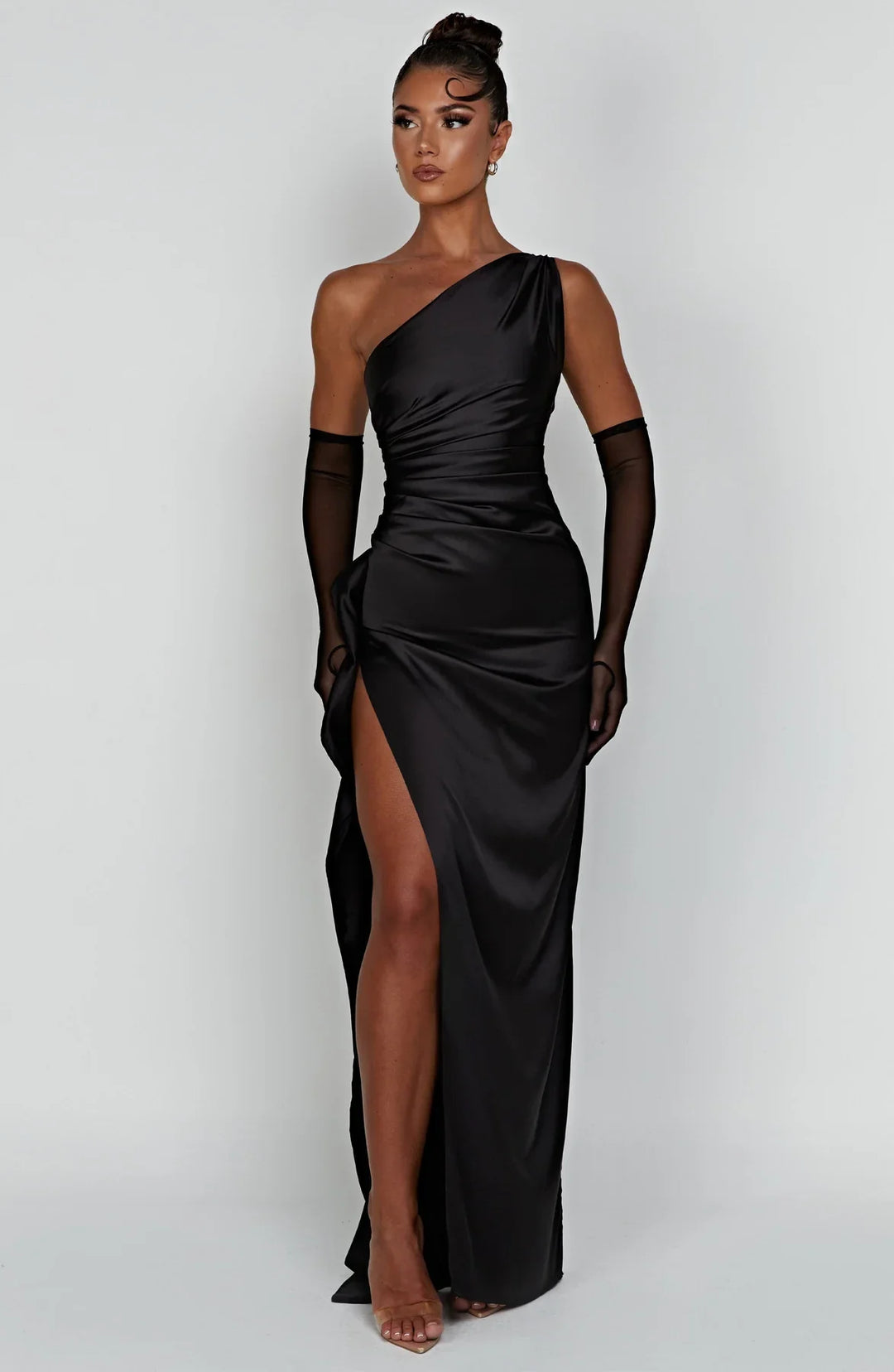 Women's Pleated One-Shoulder Satin Maxi Dress with High Slit