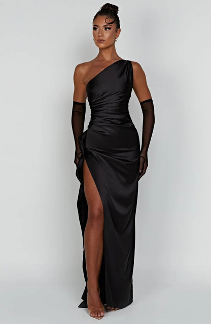 Women's Pleated One-Shoulder Satin Maxi Dress with High Slit