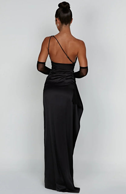 Women's Pleated One-Shoulder Satin Maxi Dress with High Slit