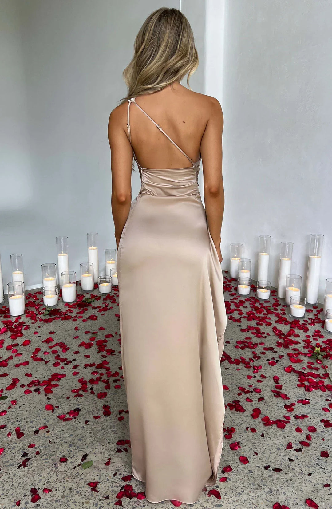 Women's Pleated One-Shoulder Satin Maxi Dress with High Slit