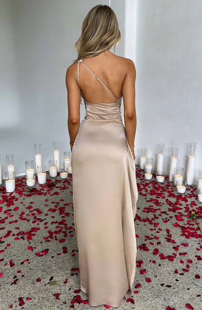 Women's Pleated One-Shoulder Satin Maxi Dress with High Slit