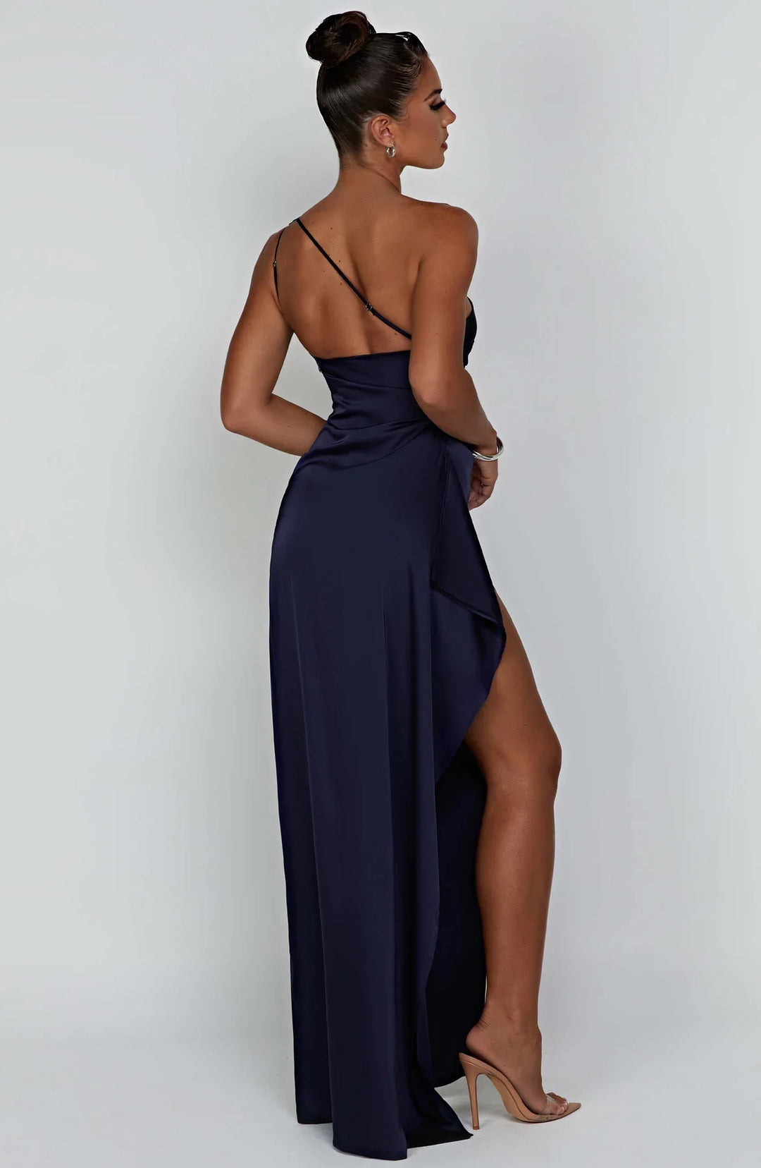 Women's Pleated One-Shoulder Satin Maxi Dress with High Slit