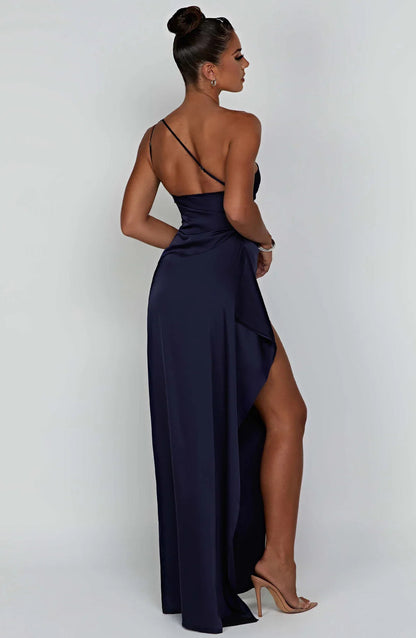 Women's Pleated One-Shoulder Satin Maxi Dress with High Slit