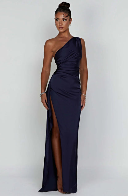 Women's Pleated One-Shoulder Satin Maxi Dress with High Slit