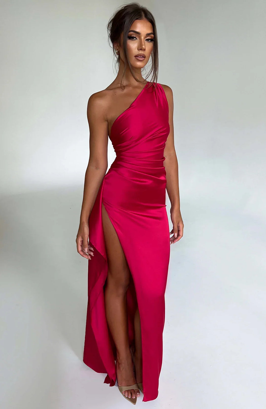 Women's Pleated One-Shoulder Satin Maxi Dress with High Slit