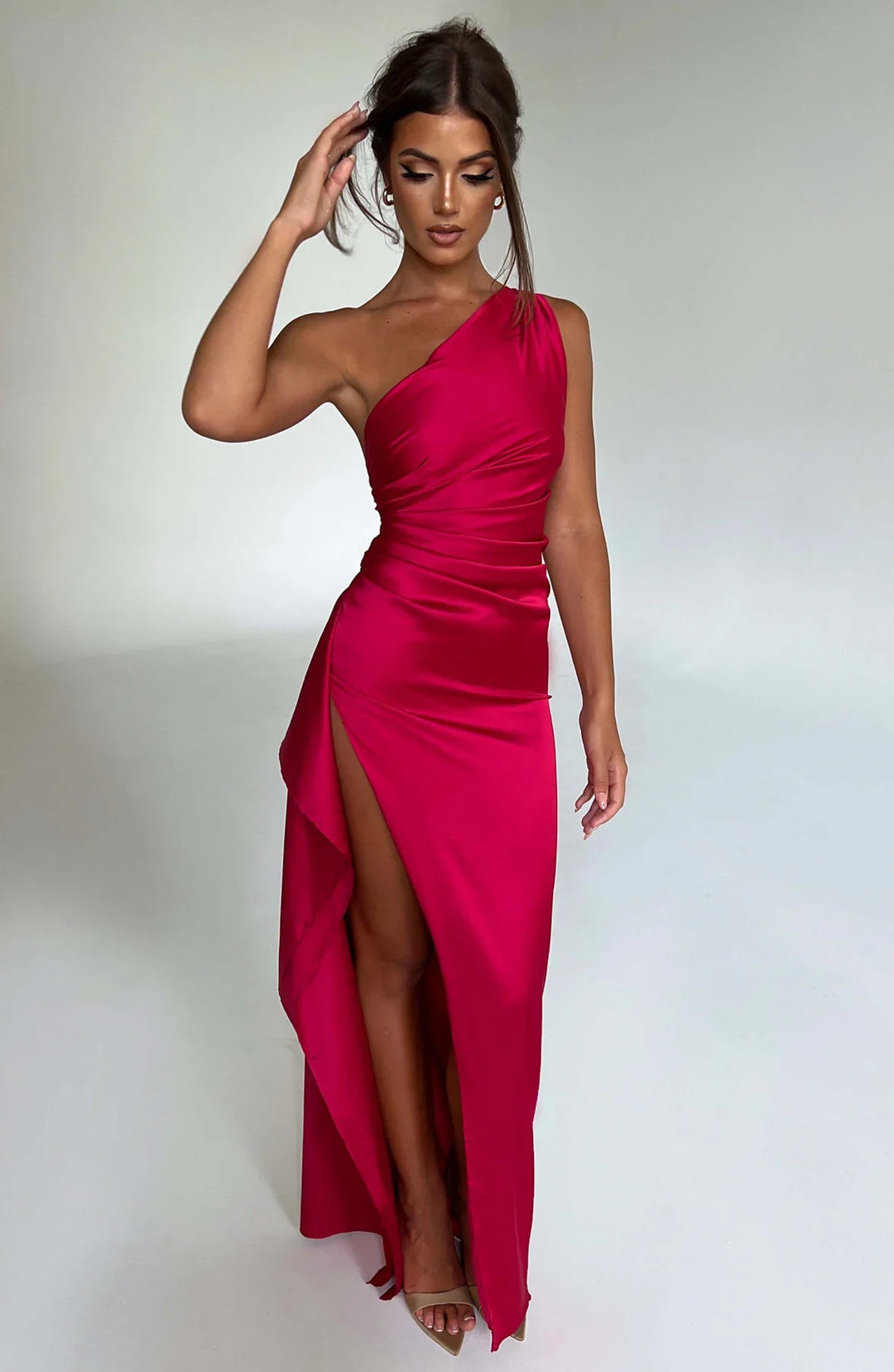 Women's Pleated One-Shoulder Satin Maxi Dress with High Slit