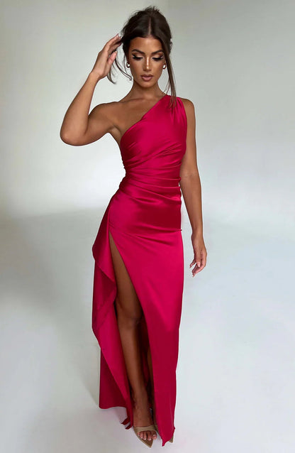 Women's Pleated One-Shoulder Satin Maxi Dress with High Slit