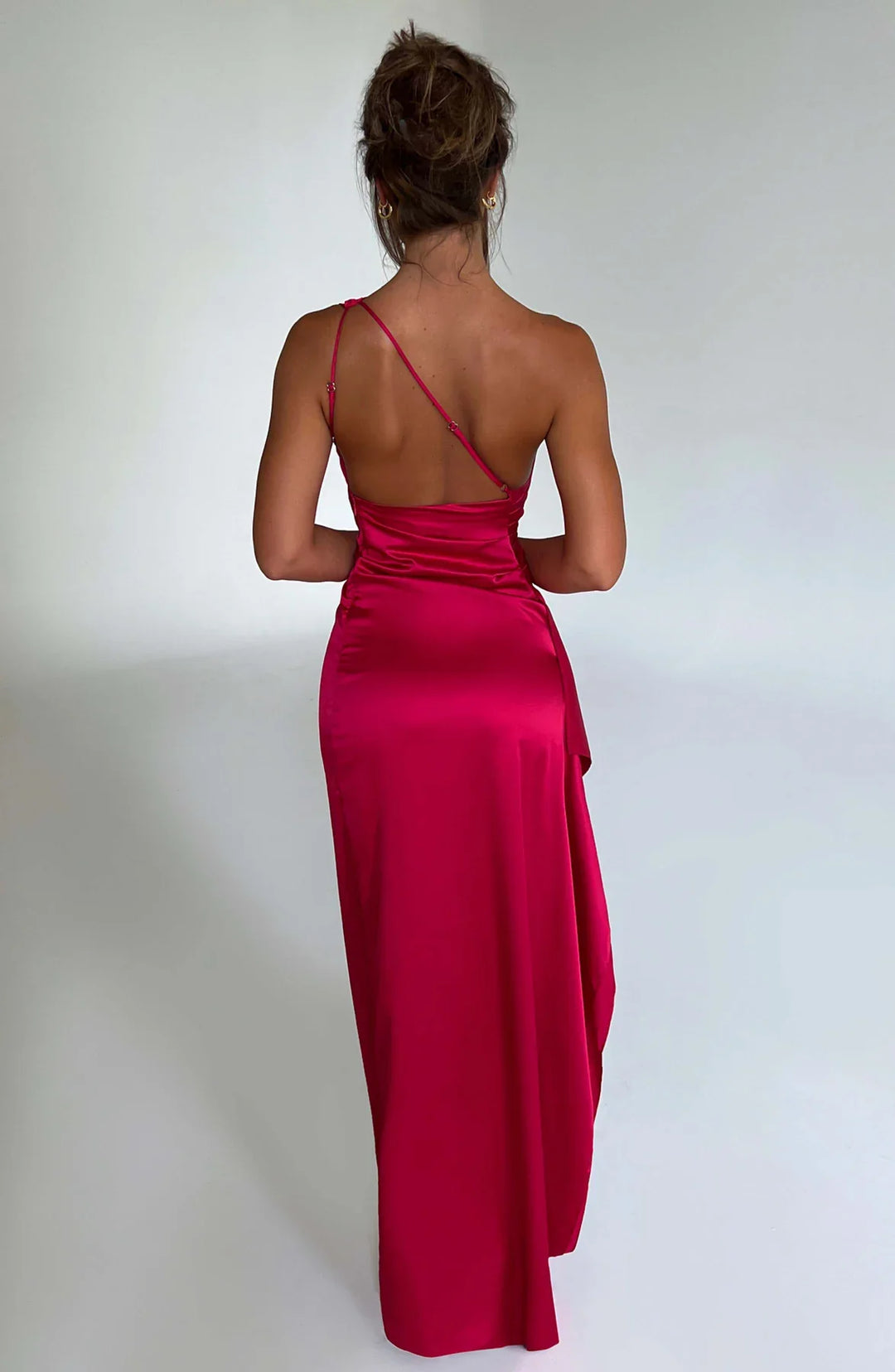 Women's Pleated One-Shoulder Satin Maxi Dress with High Slit