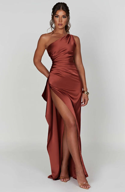 Women's Pleated One-Shoulder Satin Maxi Dress with High Slit