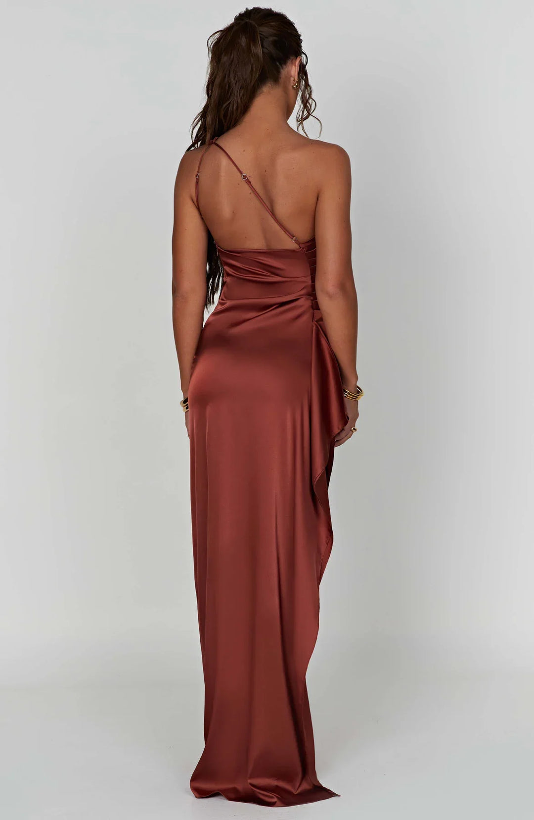 Women's Pleated One-Shoulder Satin Maxi Dress with High Slit