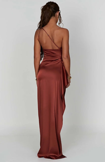 Women's Pleated One-Shoulder Satin Maxi Dress with High Slit