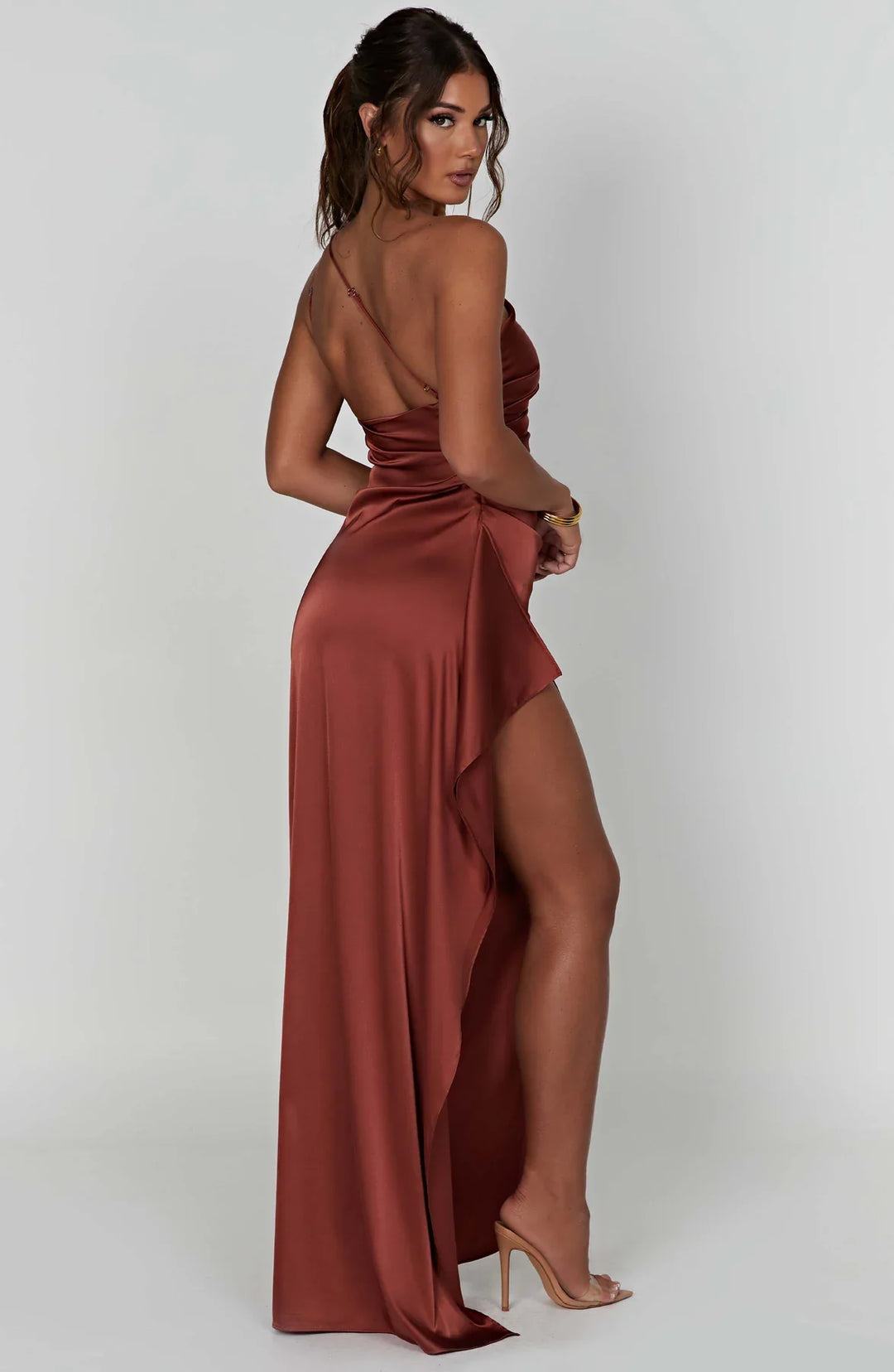 Women's Pleated One-Shoulder Satin Maxi Dress with High Slit