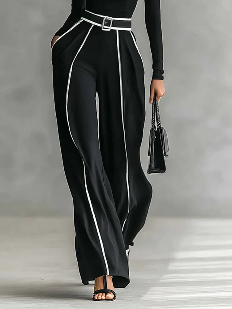 Women's High Neck Top and Wide-Leg Pants Set with Belt