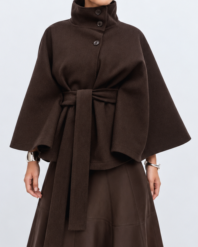 Women's Wool Cape Coat – Belted, Funnel Neck