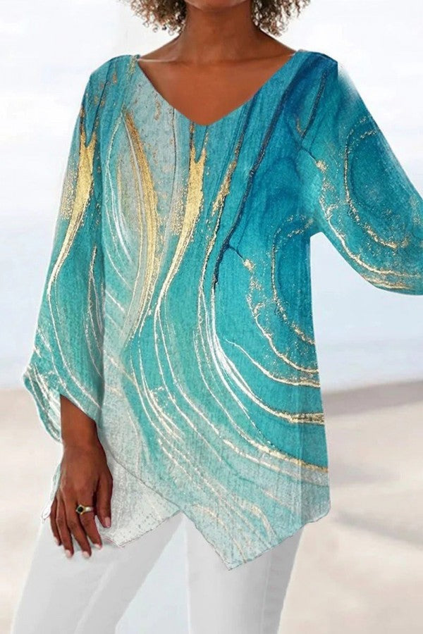 Women's V-Neck Printed Blouse with Asymmetrical Hem