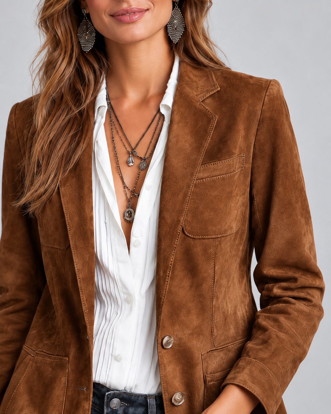 Women's Faux Suede Blazer – Notch Lapel, Button Front