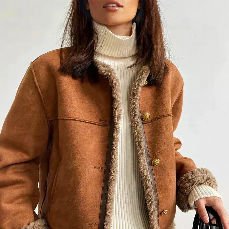 Women's Winter Faux Suede Jacket – Shearling Trim, Button Closure