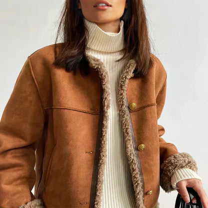 Women's Winter Faux Suede Jacket – Shearling Trim, Button Closure