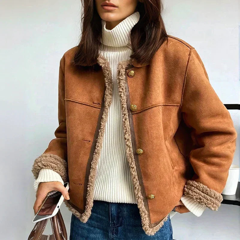 Women's Winter Faux Suede Jacket – Shearling Trim, Button Closure