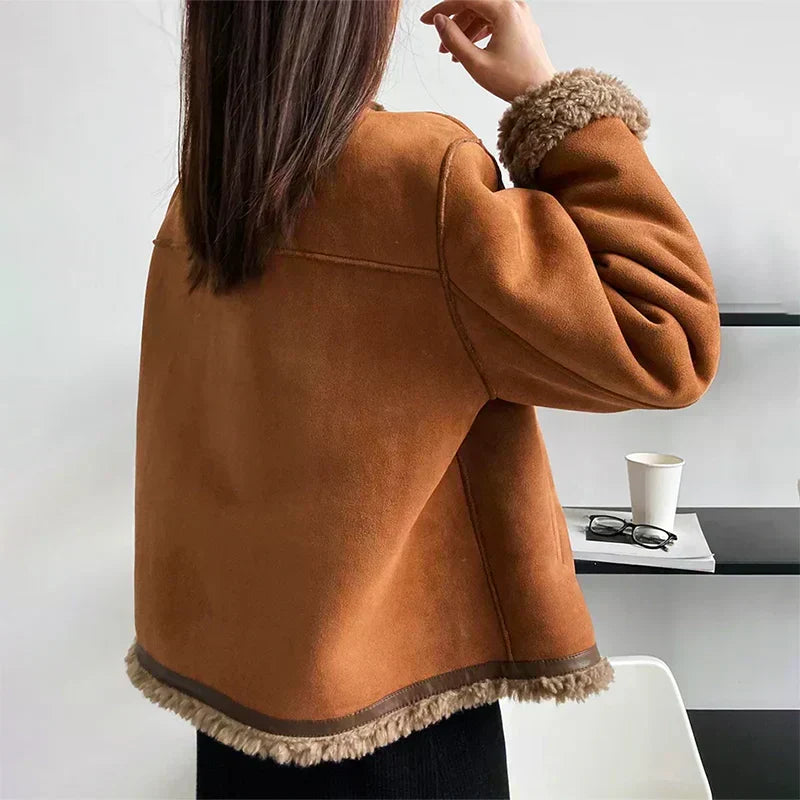 Women's Winter Faux Suede Jacket – Shearling Trim, Button Closure