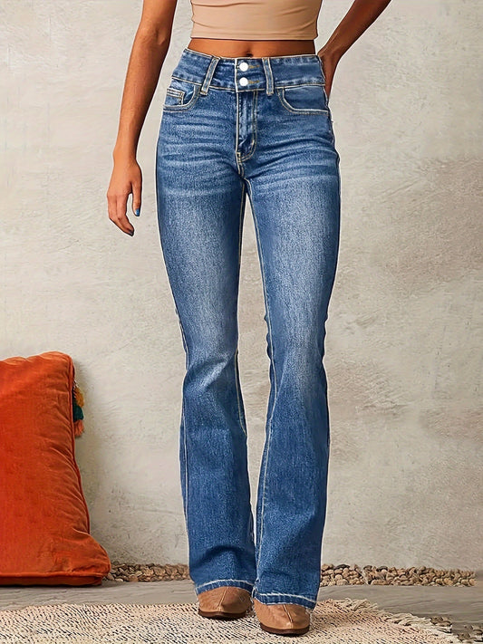 Women's Flared Jeans – High-Rise, Double-Button Waist