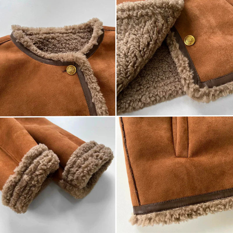 Women's Winter Faux Suede Jacket – Shearling Trim, Button Closure
